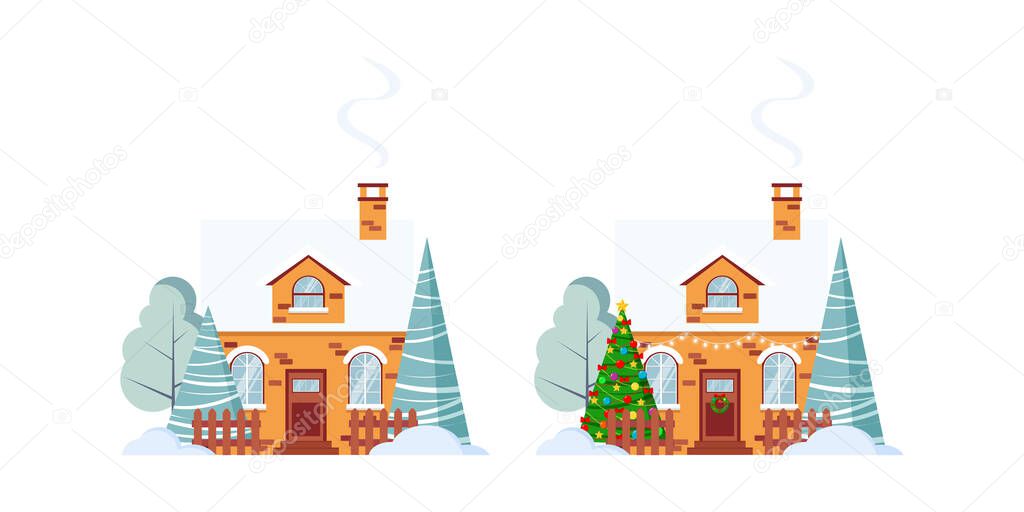 Christmas house decorated and not set isolated on white background.