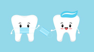 Tıbbi maskeli şirin diş koruyucu virüs maskesini başka bir dişe yapıştırıcı ile verir..