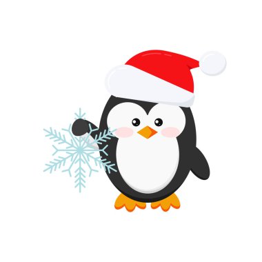 Beyaz arka planda kar taneleri tutan Noel penguenleri.