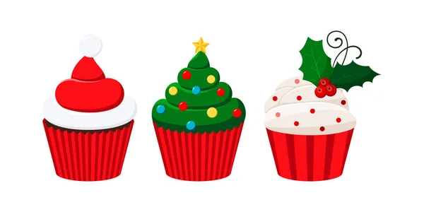 Weihnachts-Cupcakes-Set - niedliches Winter-Süßigkeiten-Essen-Set — Stockvektor
