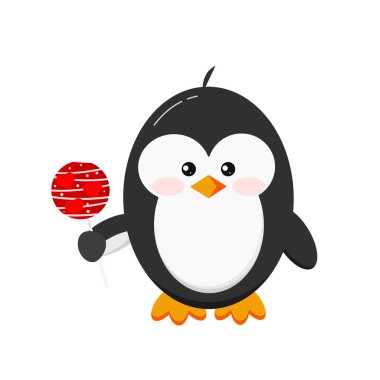 Beyaz arka planda lolipop şekeri tutan sevimli penguen..