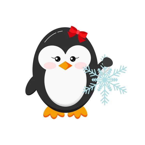 Pingouin de Noël bébé fille tenant flocon de neige isolé sur fond blanc. — Image vectorielle