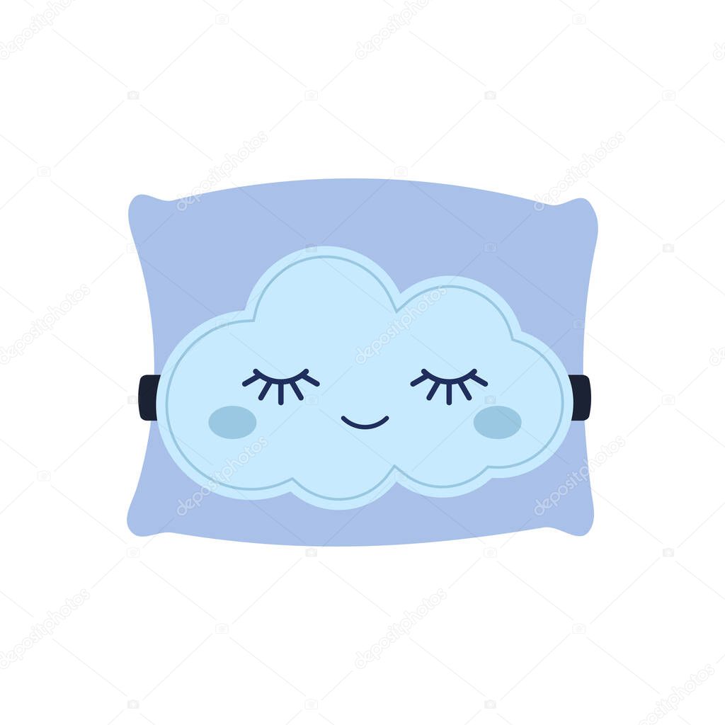 Cute cloud sleep mask on pillow isolated on white background.