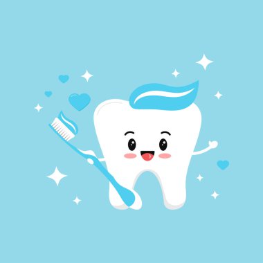 Mavi diş fırçasına aşık tatlı dişli çocuk. Kalp ve ışıltıları yapıştırıcı..