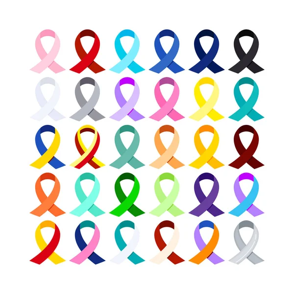 意识带图标设置隔离在白色背景上 不同的彩带 癌症慈善和医疗支持环路标志 平面设计卡通风格保健声援病媒说明 — 图库矢量图片