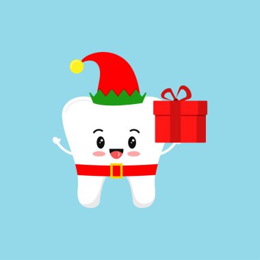 Arkaplanda kırmızı şapka ve kemer simgesi olan elf kostümlü Noel dişleri..