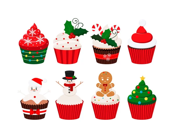 Conjunto de cupcakes de Natal - comida de doces de inverno bonito. — Vetor de Stock