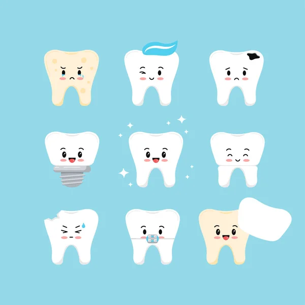 Niedliche Zähne zahnärztliche Kinder Symbol Set. — Stockvektor