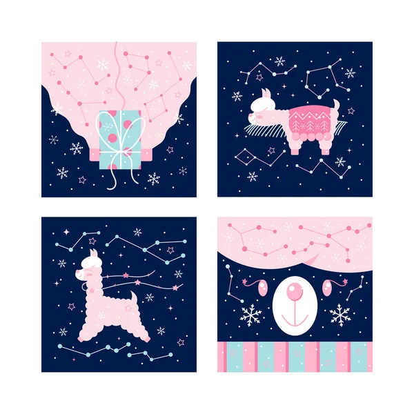 Conjunto de tarjetas postales de invierno de Navidad con linda llama rosa o alpaca — Vector de stock