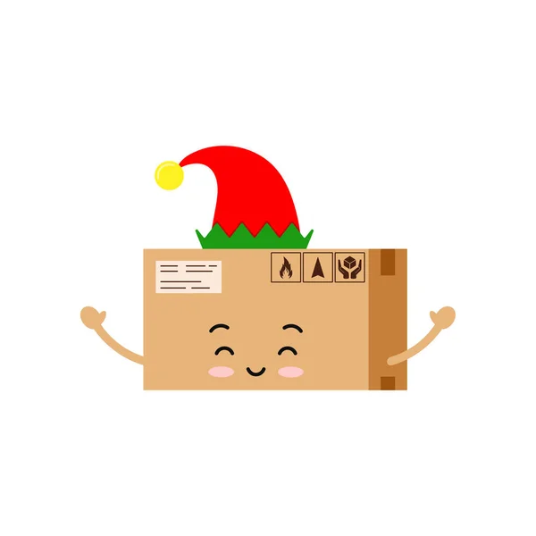 Chistmas funny elf parcel box character isolated on white background. — Stock Vector