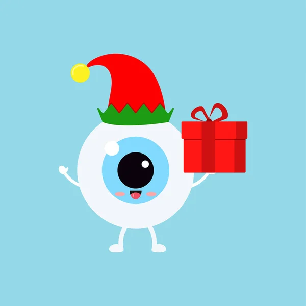 Chistmas eye ball with gift in elf costume with red hat icon isolated on background. — Stock Vector