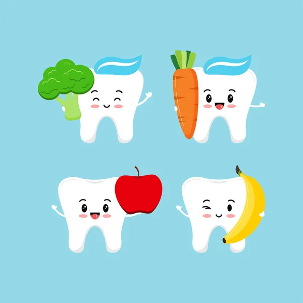 Leuke tand met voedsel voor tandheelkundige gezondheid set. — Stockvector