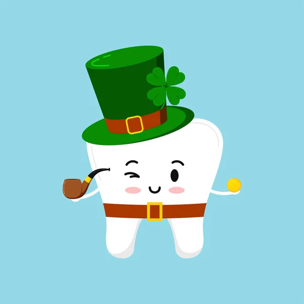 Diente de San Patricio en traje de duende con moneda de oro en la mano. — Vector de stock