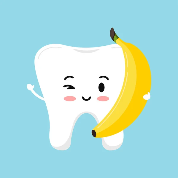 Cute tooth with banana food for dental health. — Stock Vector