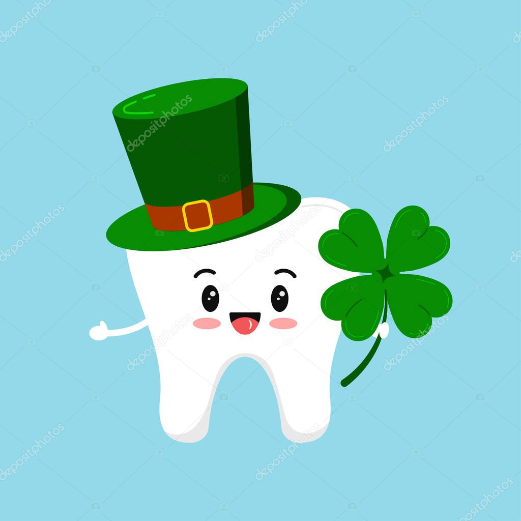 St Patrick day tooth in leprechaun hat and clover in hand.