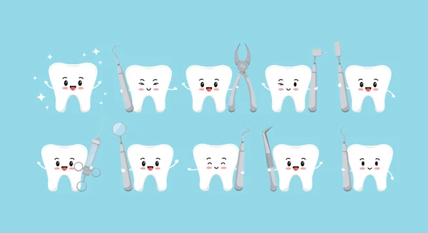 Roztomilá silná zubní stolička a zuby s ikonami zubního nářadí — Stockový vektor
