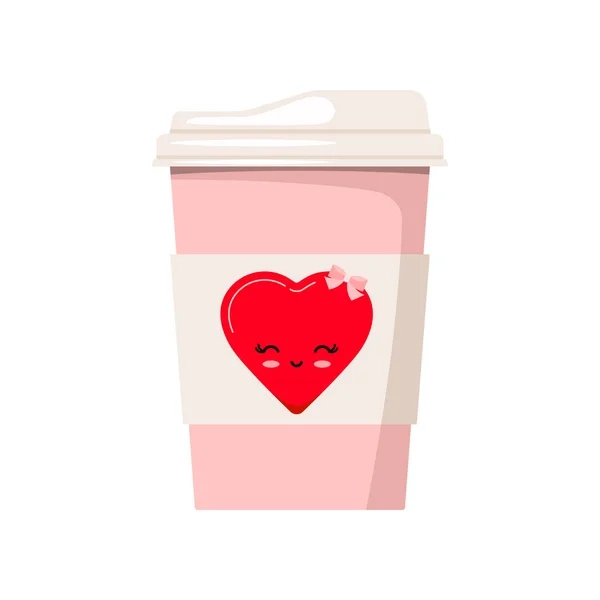 Alla hjärtans dag kaffe eller te papper kopp dekorerad med hjärta med flicka ansikte illustration isolerad på vit bakgrund. — Stock vektor