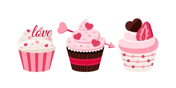 Alla hjärtans dag cupcakes ikon set - söta sötsaker mat. — Stock vektor