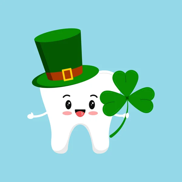 St Patrick tooth in leprechaun hat and shamrock in hand. — Stock Vector