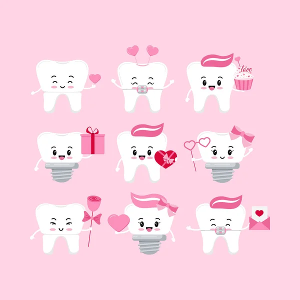 Valentines dents de jour ensemble icône dentaire isolé. — Image vectorielle