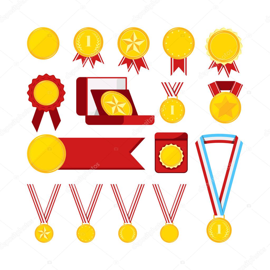 Gold medals with red ribbon set isolated on white background.