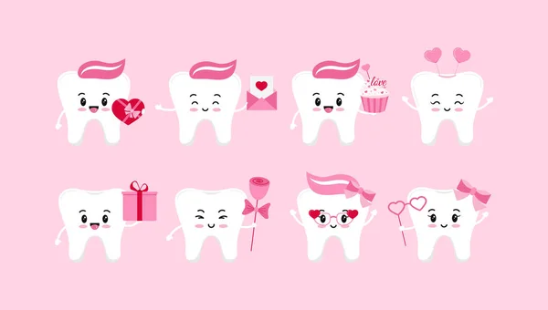 Dientes día de San Valentín icono dental conjunto aislado. — Vector de stock