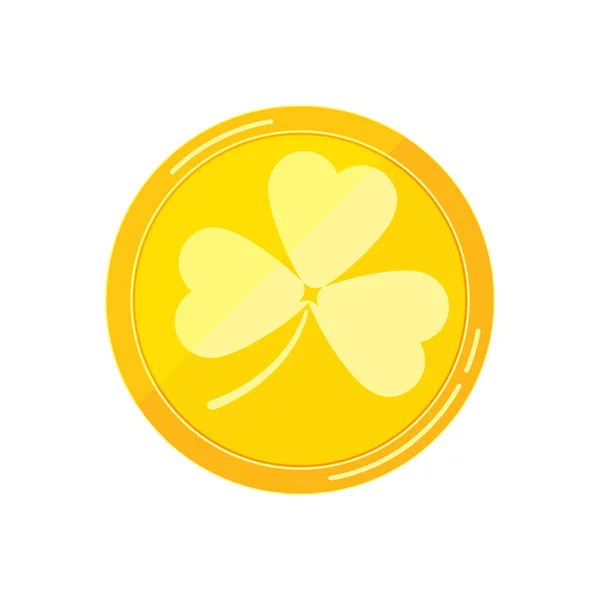 Pièce d'or avec trèfle vecteur de trèfle icône plate isolé sur fond blanc. Argent doré avec trèfle à feuilles d'arbre - élément pour le design de la Saint Patrick. Illustration de symbole chanceux de style dessin animé. — Image vectorielle