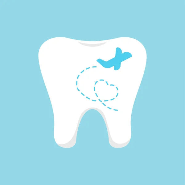 Tandheelkundig toerisme logo met tand en vliegtuig medisch icoon. — Stockvector