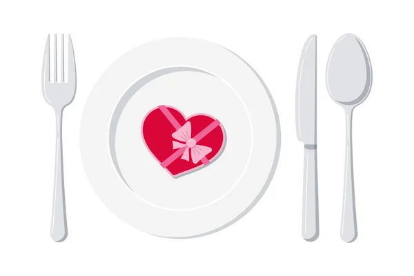 Sevgililer Günü yemeği. Beyaz bir arka planda beyaz bir tabakta, kaşıkla, bıçakla ve çatalla.. — Stok Vektör