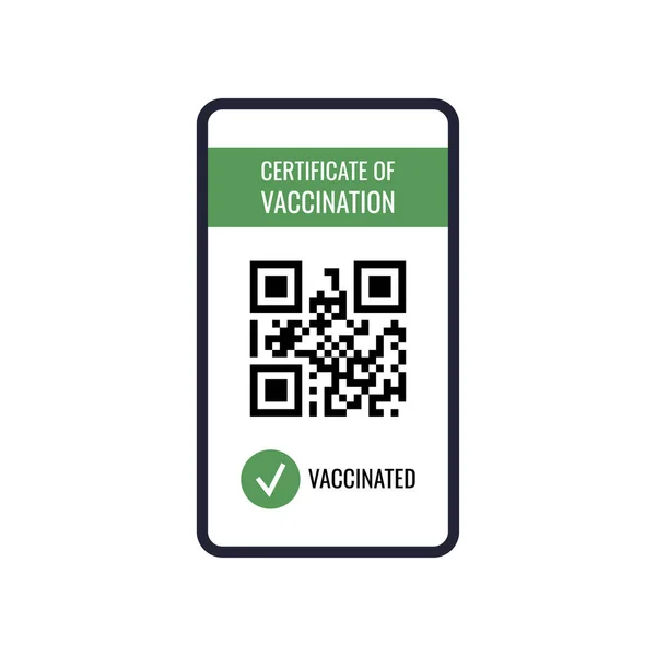 Certificato di vaccinazione sullo schermo del telefono cellulare con codice qr e contrassegno di controllo di passaggio vaccinato. — Vettoriale Stock