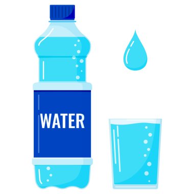 Kabarcıklı plastik su şişesi, dolu bardak su ve su damlası ikonu beyaz arkaplanda izole edilmiş..