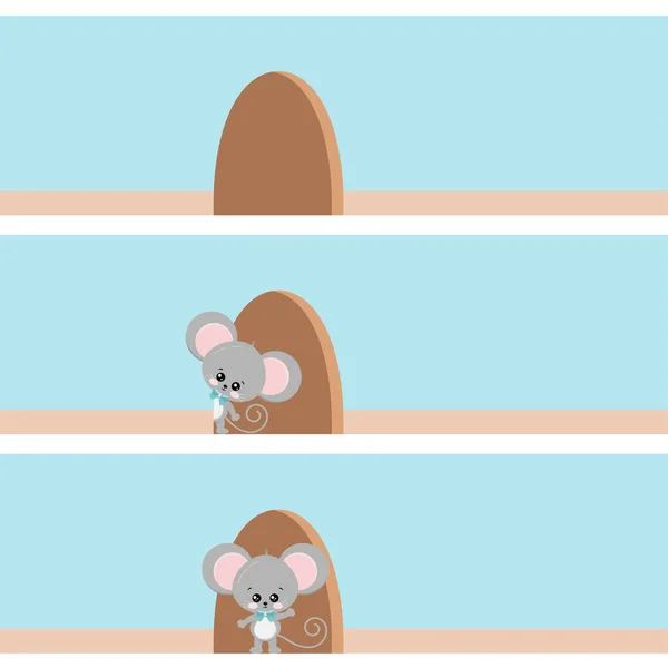 Lindo ratón mirando por el agujero en la pared, de pie en la puerta de un agujero. — Vector de stock