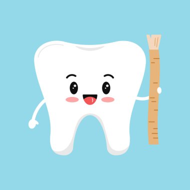 Cute tooth molar with siwak or miswak toothbrush.