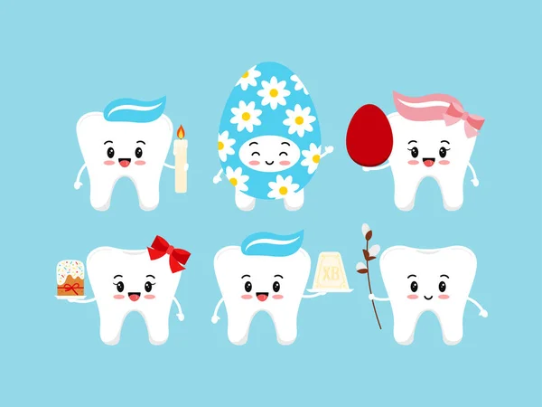 Orthodoxe Pâques dents mignonnes ensemble icône dentaire. — Image vectorielle