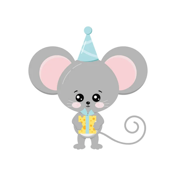 Söt mus med ost gåva i födelsedagshatt. — Stock vektor