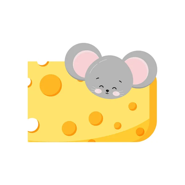 可爱的老鼠把头伸出奶酪洞外 — 图库矢量图片