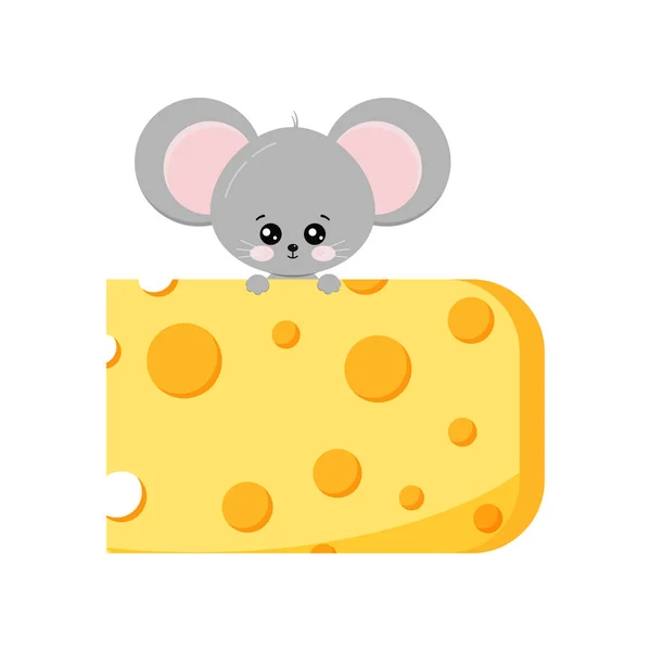 可爱的老鼠爬上一块奶酪向量平面设计隔离在白色背景上. — 图库矢量图片