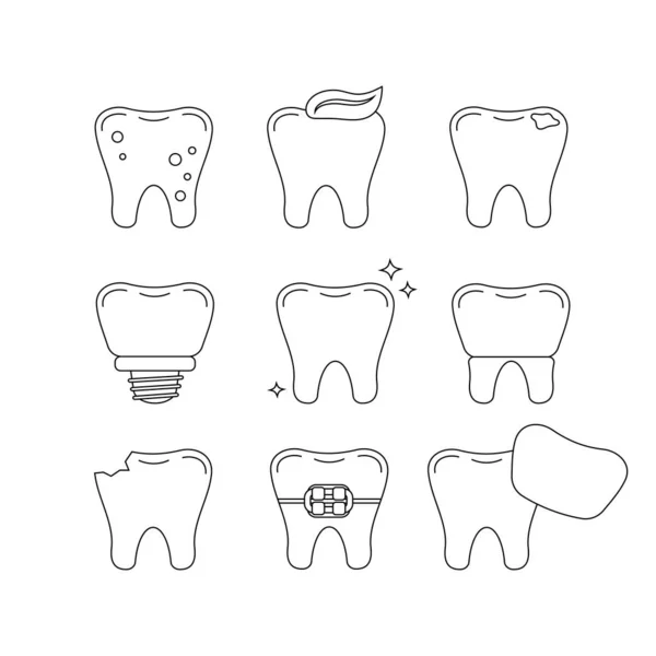 Dente linea dentaria icona impostato isolato su bianco. — Vettoriale Stock