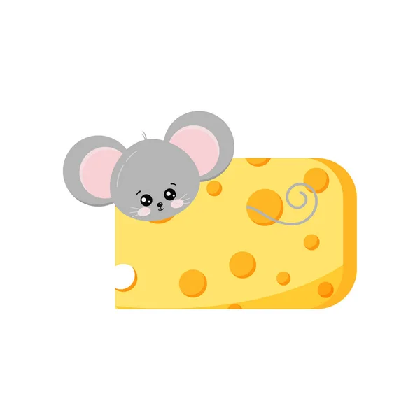 可爱的老鼠从奶酪载体的孔外看去 — 图库矢量图片