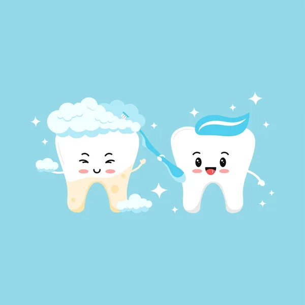 Zahn mit gelbem Belag wird mit Hilfe des niedlichen Zahnjungen mit Zahnbürste weiß. — Stockvektor