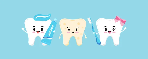 Δόντι με πλάκα και χαριτωμένο υγιές κορίτσι δοντιών με οδοντόβουρτσα και αγόρι με οδοντόκρεμα. — Διανυσματικό Αρχείο