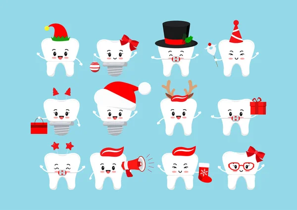 Chistmas oliendo dientes conjunto de iconos dentales aislados. — Vector de stock