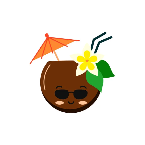 Koktajl kokosowy ze słomą, kwiatem i parasolem — Wektor stockowy