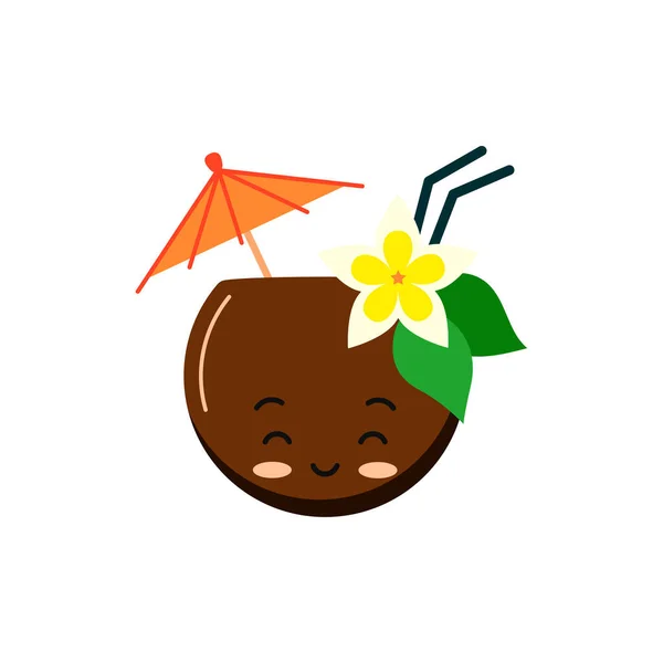 Słodki koktajl kokosowy ze słomą, kwiatem i parasolem — Wektor stockowy