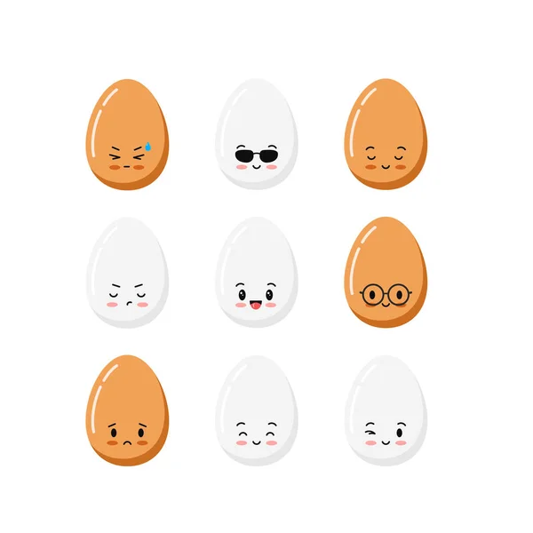 Roztomilé kuřecí vejce karikatura znak sada izolované na bílém pozadí. — Stockový vektor