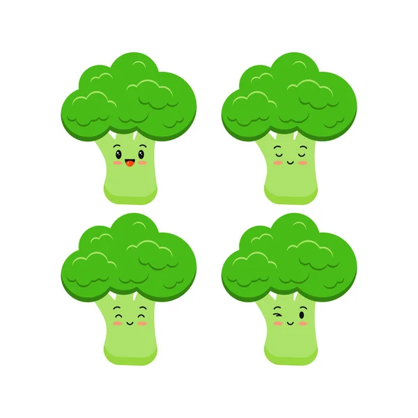 Cute brokuły śmieszne kreskówki warzywa żywności zestaw ikon izolowane na białym tle. — Wektor stockowy