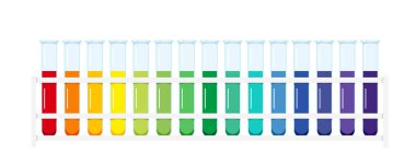 Laboratuar rafındaki cam test tüplerindeki standart pH grafiği çözeltisi beyaz arka planda izole edilmiş..