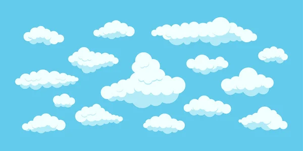 Fluffy clouds set isolated on blue heaven background. — Stock Vector