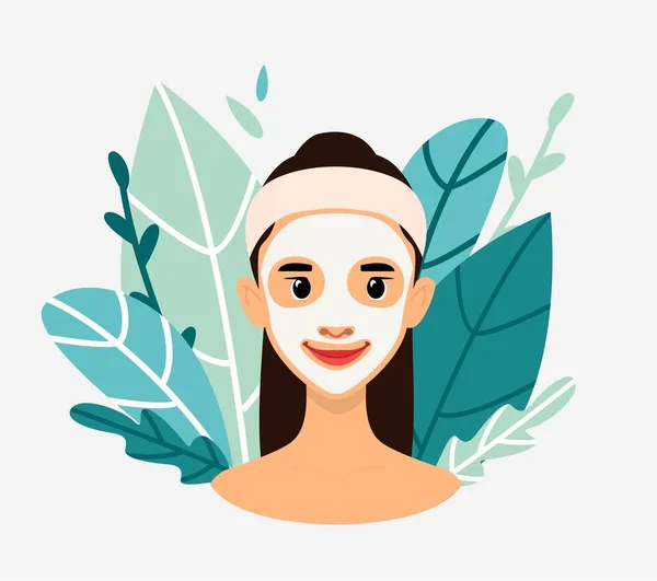Kozmetik Maskeli Bir Kadın Çiçek Arkaplan Düz Vektör Çizimi Beyaz — Stok Vektör