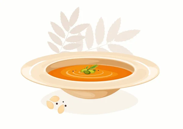 Kürbissuppe Mit Herbstblättern Vektorillustration Auf Weißem Hintergrund — Stockvektor